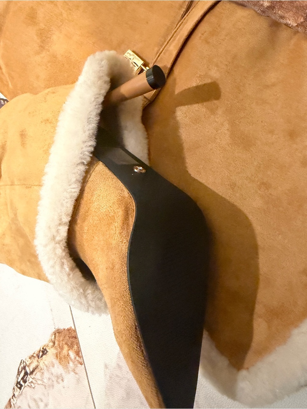 Women’s Shearling-Trim Knee High Heeled Boots in Camel - Picture 2 of 2